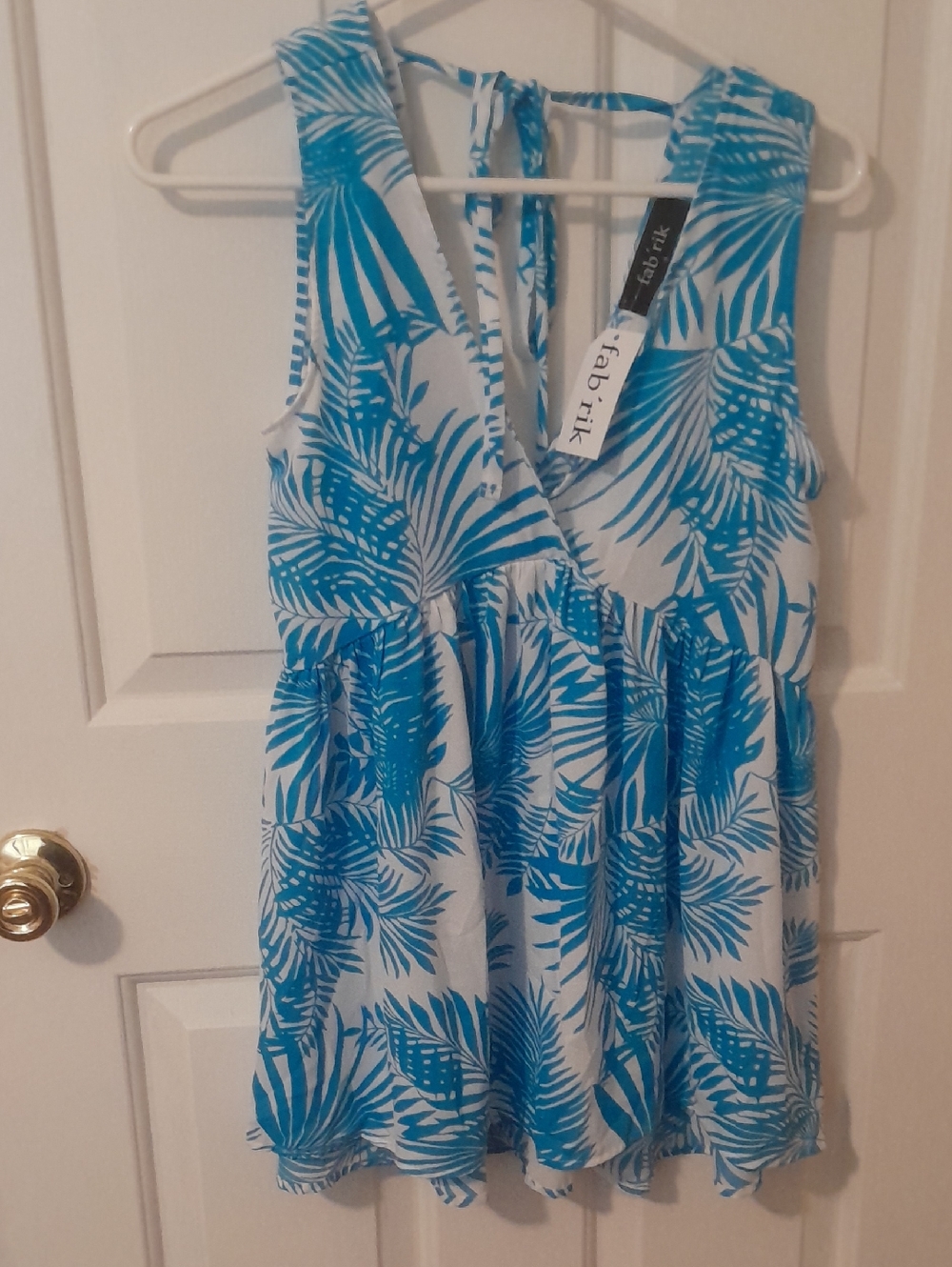 fab'rik White and Blue Tropical Leaf Sleeveless Dress